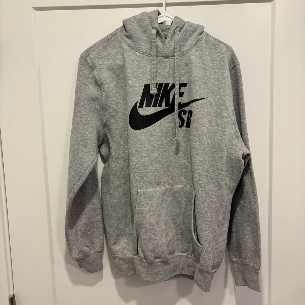 Nike SB Pullover Hoodie Mens Medium Heather Grey Black Logo Skateboarding 332